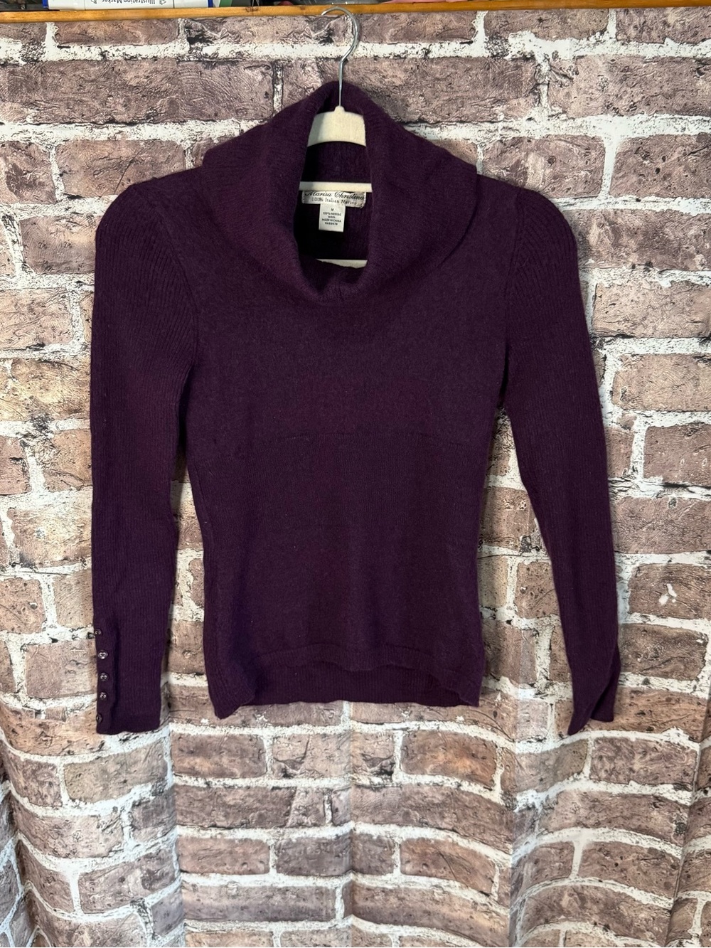 Marisa Christina Woman’s M 100% Merino Wool Purple Cowl Neck Sweater Button Cuff